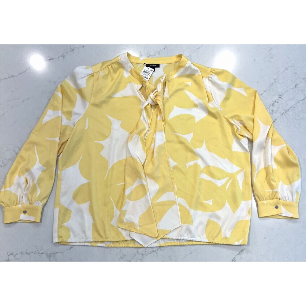 Alfani NEW Womens Tie V Neck Long Sleeve Blouse Yellow Floral Sz XXL